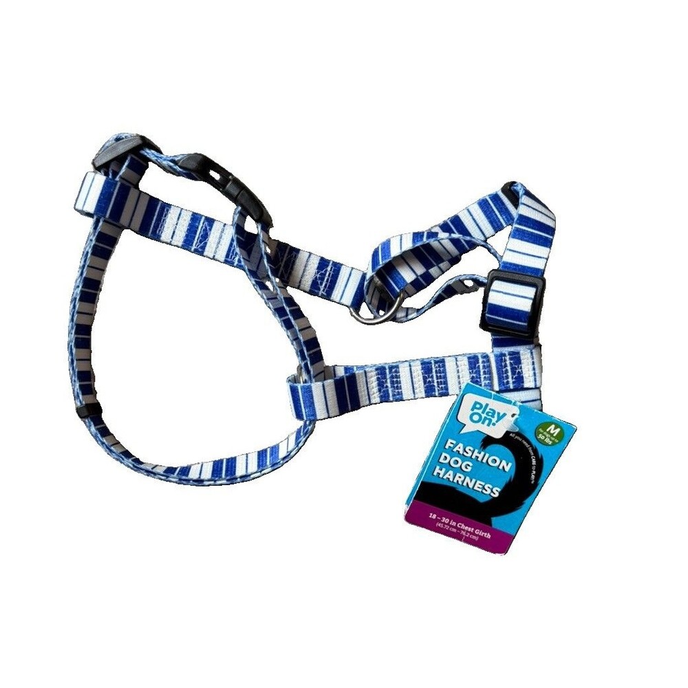 Play On Dog Harness Adjustable Blue & White Stripes Medium Breed Up To 50lbs